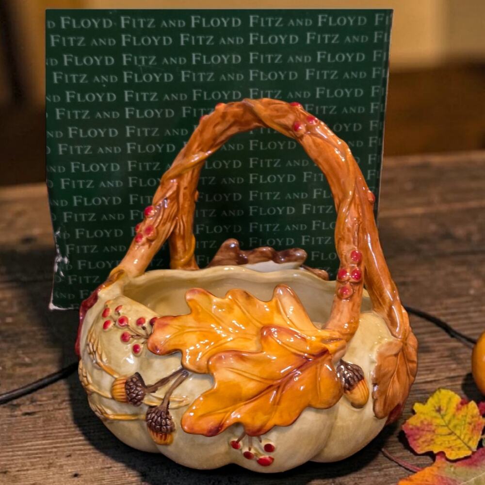 Fitz and Floyd Harvest Collection Ceramic Baskets Autumn Leaves in Original Box